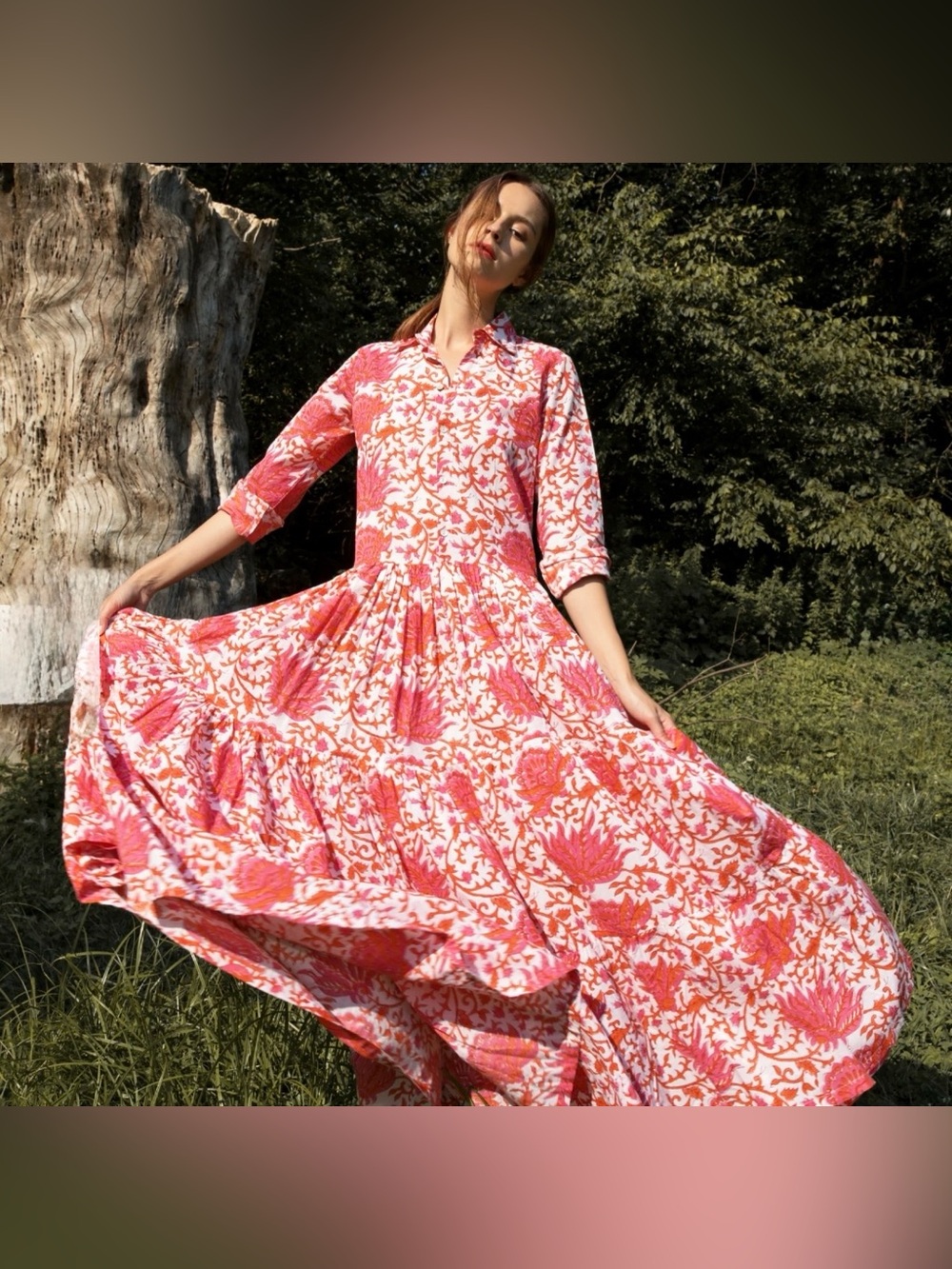 🌺 Guadalupe Design Meredith Floral Maxi Dress Coral Pink Cotton Tiered Boho M